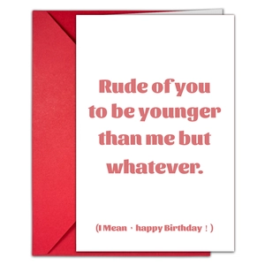 Funny birthday greeting card with envelope featuring humorous quote text and red envelope