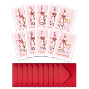 Detailed set of 10 pink champagne birthday cards with 10 red envelopes in a flat layout