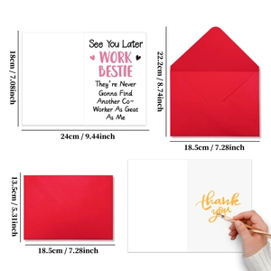 Detailed size view of Work Bestie farewell cards and red envelopes with dimensions