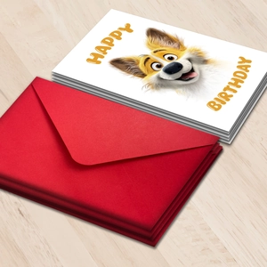 Close-up of cute cartoon dog birthday cards with vibrant red envelopes on wood background
