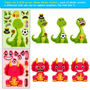 Detail view of cartoon dinosaur DIY stickers showing mix-and-match facial features and accessories