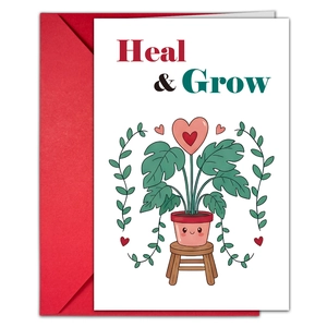 Detail of Heal & Grow greeting card with red envelope and heart-shaped flower plant