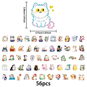 Set van 56 kleurrijke cartoon kattenstickers van PET voor laptop en waterfles decor