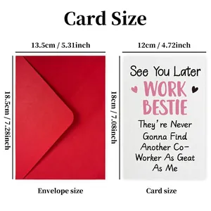 Work Bestie farewell card and red envelope set with precise dimension specifications