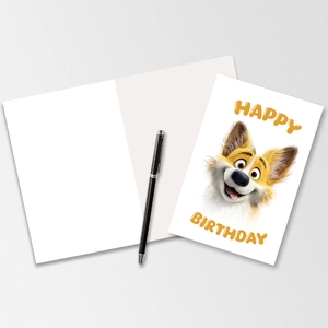 Close-up of cute 3D cartoon corgi dog birthday card with Happy Birthday greeting text