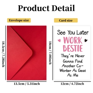 Detailed view of red envelope and white farewell greeting card with size specifications