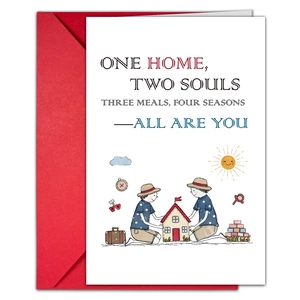 Detalle de tarjeta de aniversario con cita One Home Two Souls y sobre rojo