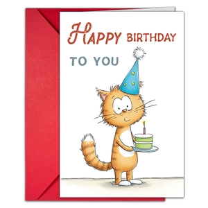 Gros plan de carte d'anniversaire chat rigolo avec enveloppe rouge et motif chapeau fête