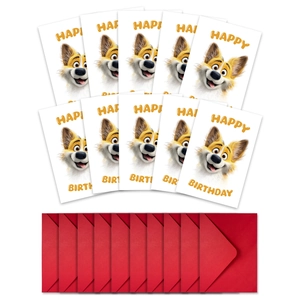 Flat lay detail of 10 cartoon dog birthday cards with matching vibrant red envelopes