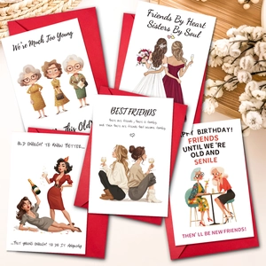 Creative Illustration Birthday Greeting Card Set With Red Envelope Vintage Sisters Friendship Card For Women Party Gift