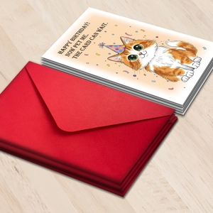 Detail of happy birthday card with cute cat illustration and matching red envelope