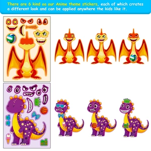 Creative 6-pack dinosaur DIY make-a-face stickers with various cute cartoon accessories