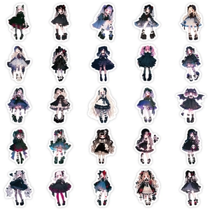 56 Stück Gothic Lolita Aufkleber mit düsteren Anime-Mädchen für Skateboard und Deko