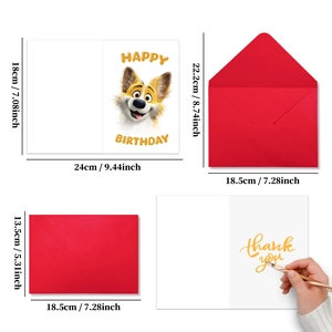 Detailed view of cute Corgi birthday card and red envelope with size specifications