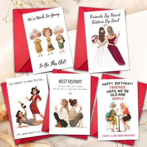 Five illustrated birthday cards for sisters with red envelopes and floral decor