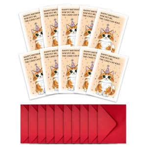 Set of 10 happy birthday cards featuring cute orange cat with 10 red envelopes