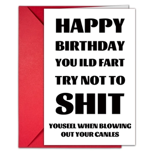 Funny Birthday card detail with humorous bold text and a bright red envelope set