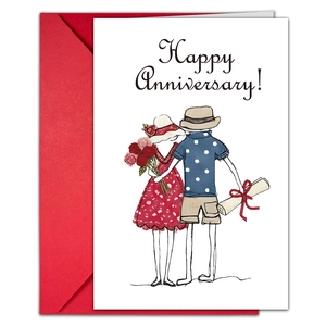Detalle del set de tarjetas de aniversario con ilustración de pareja y sobre rojo