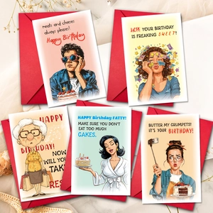 Set of 5 humorous cartoon birthday cards with red envelopes and colorful illustrations