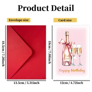 Detailed size chart showing dimensions for large pink birthday card and red envelope
