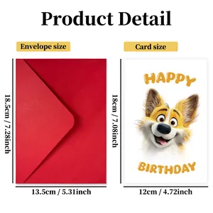 Detailed size chart for the cute cartoon dog birthday card and red envelope set