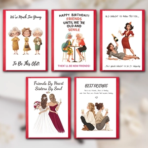 Five-piece birthday and friendship card set with red envelopes and female character art