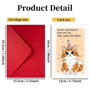 Large funny cat birthday card with red envelope and detailed sizing dimensions