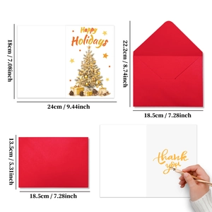 Detailed view of Christmas card set with gold tree design and envelope dimensions