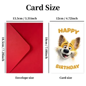 Cartoon dog happy birthday card with red envelope and size chart measurement details