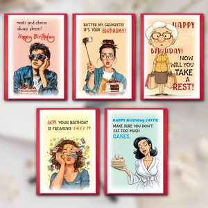 Set of 5 humorous cartoon birthday cards with red borders and festive illustrations