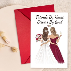 Detail of friendship greeting card with sisters illustration and premium red envelope