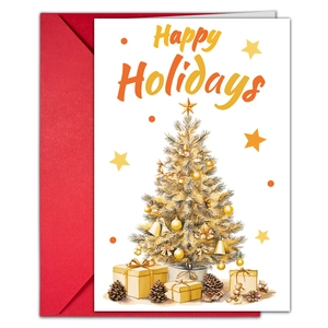 Detail of white Happy Holidays greeting card with golden tree and red envelope