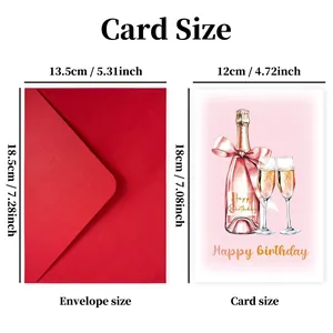 Pink champagne birthday card and red envelope set, 13.5x18.5cm large festive card