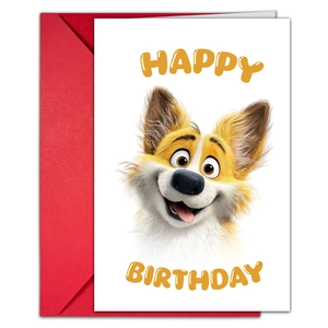 Detailed view of a 3D cartoon dog birthday card with a vibrant red envelope
