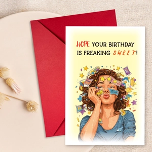 Detailed view of creative birthday card with red envelope and hand-drawn illustration