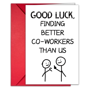 Detail of farewell card with humorous message and vibrant red envelope set