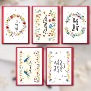 Floral thank you cards set with artistic watercolor flowers and birds on white background