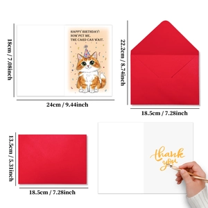 Detail view of large birthday card set with cat illustration and dimensional specs