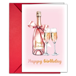 Detail of Happy Birthday card with watercolor champagne illustration and red envelope