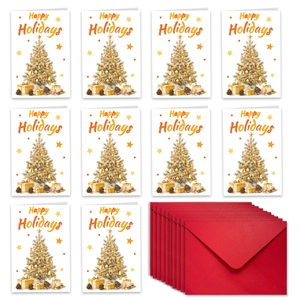 Set of 10 festive Merry Christmas cards with red envelopes and gold tree designs