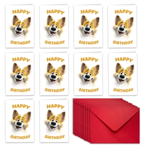 Set of 10 cute cartoon corgi birthday cards with vibrant red envelopes for party greetings