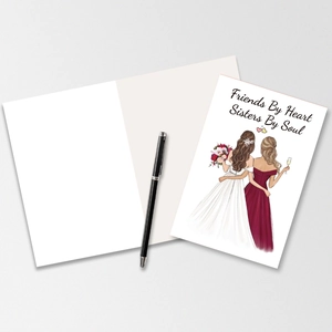Detail view of sisters greeting card with heart felt quote and writing pen