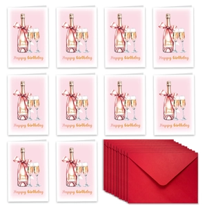 Set of 10 pink Happy Birthday cards with champagne illustrations and red envelopes