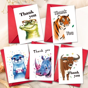 Cute African animal themed thank you cards set with red envelopes on beige background