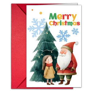Detail of Christmas greeting card featuring Santa, tree and a festive red envelope