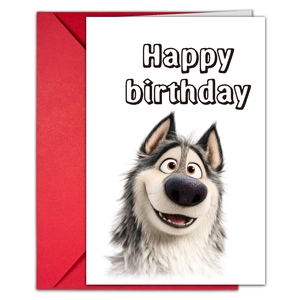 Detail of cartoon dog birthday card with Happy Birthday text and red envelope