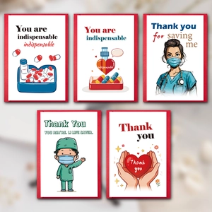 Five medical themed thank you cards with envelopes for doctors and nurses in red and white