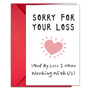 Detail of humorous workplace farewell card with pink heart and bold red envelope set