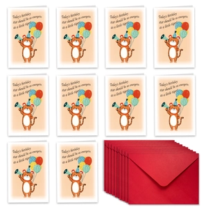 Set of 10 cartoon tiger birthday cards with red envelopes and festive animal graphics