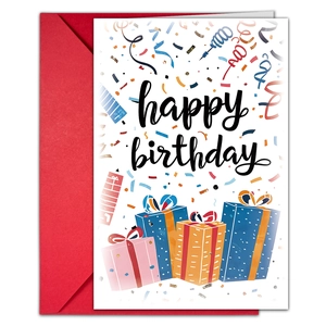 Detail of a large birthday card with happy birthday script and red envelope set